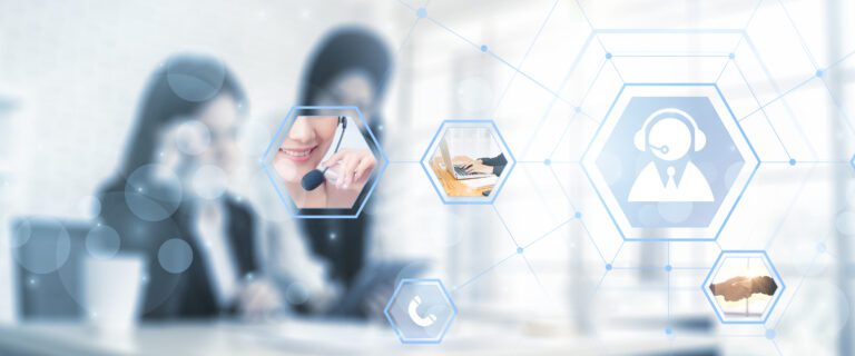 Contact us call center customer service concept talking on microphone headset offering answering advice to customer help and support services, using smart devices office blue background digital icon.