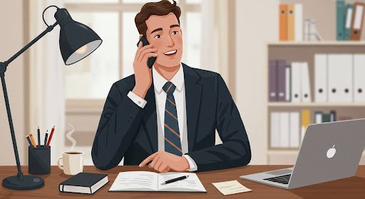 Business man at desk talking on phone in front of laptop computer