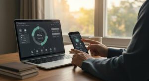 Person Sitting at a Table With Laptop & cellphone displaying the same graph
