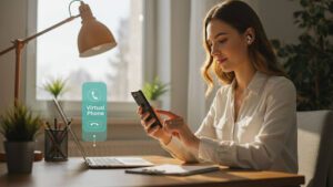 Women at desk on cellphone