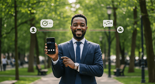 Man in suit holding phone